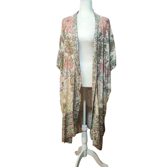 Anthropologie x Bl^nk Floral Kimono Duster Cream Pink‎ Green One Size Viscose - Picture 2 of 10